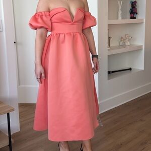 ASOS DESIGN off shoulder ruffle midi prom dress in coral